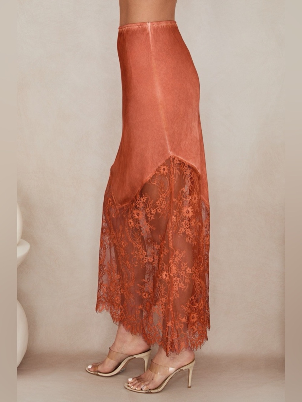 (6324-BGE) VISCOSE MAXI SKIRT WITH LACE HEM - Picture 4 of 6
